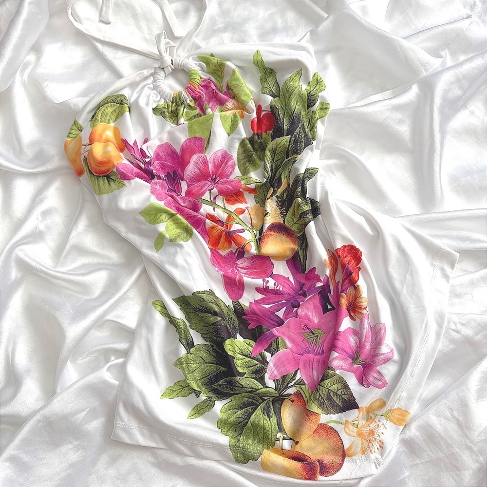 Venus Floral Fruit Print O-Ring Halter Top White Pink Large